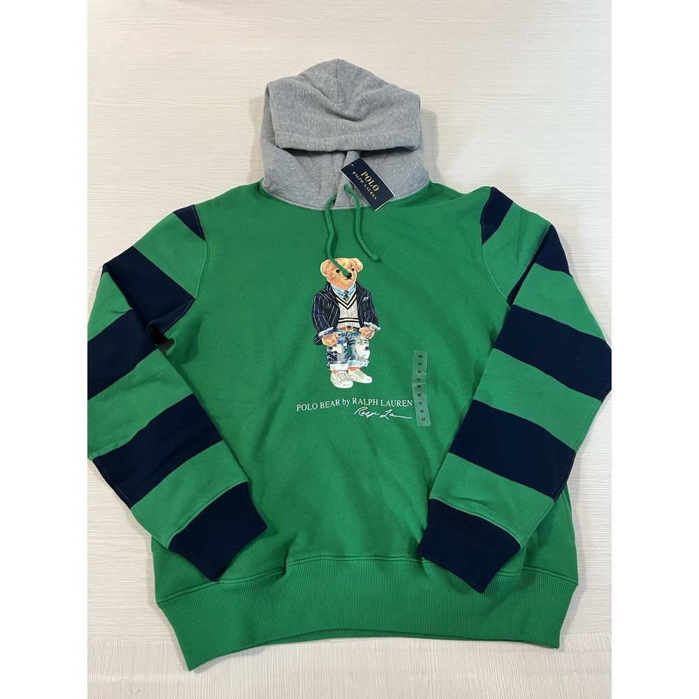 Polo Ralph Lauren Men Striped Sleeve Preppy Bear Graphic‎ Fleece Hoodie Green M